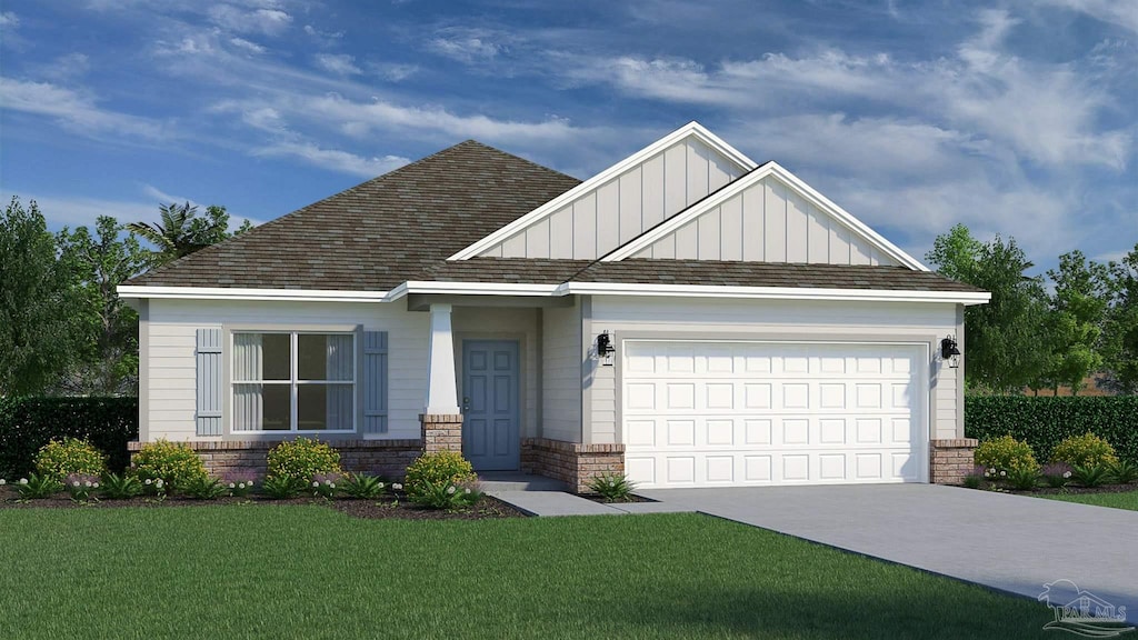 craftsman inspired home featuring a garage and a front yard