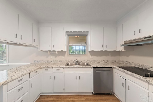 3481 Summit Blvd, Pensacola, FL 32503 - kitchen featuring a sink, dishwasher, black electric cooktop, under cabinet range hood, and white cabinetry