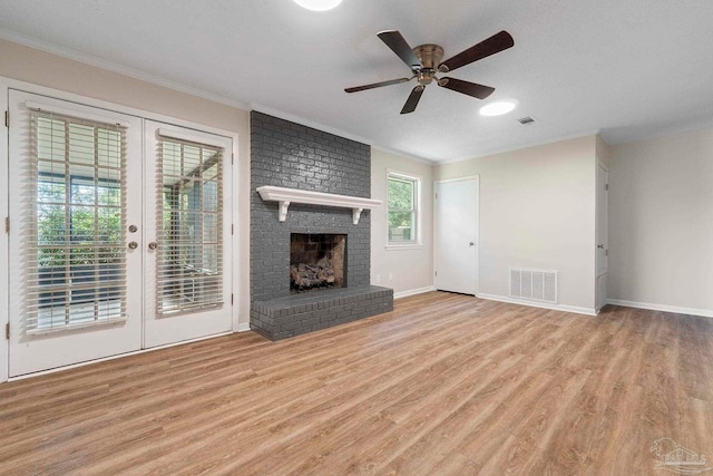 3481 Summit Blvd, Pensacola, FL 32503 - unfurnished living room with wood finished floors, ornamental molding, french doors, a ceiling fan, and baseboards