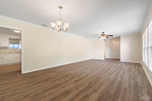 3481 Summit Blvd, Pensacola, FL 32503 - unfurnished room with crown molding, a sink, dark wood-style flooring, a ceiling fan, and baseboards
