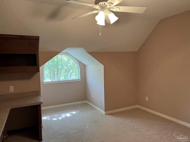 additional living space with a ceiling fan, a textured ceiling, vaulted ceiling, baseboards, and carpet