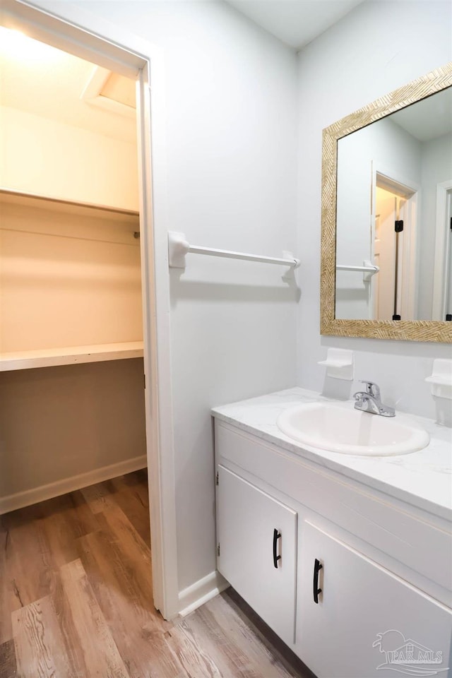 bathroom featuring hardwood / wood-style flooring and vanity