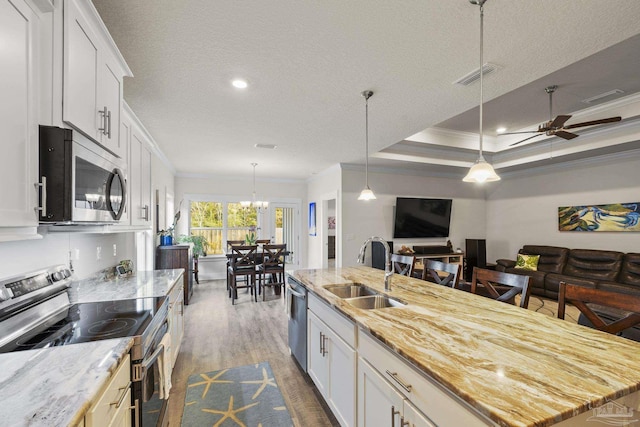 kitchen with appliances with stainless steel finishes, an island with sink, sink, white cabinets, and light stone countertops