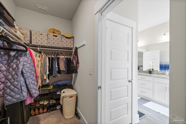 walk in closet with light colored carpet