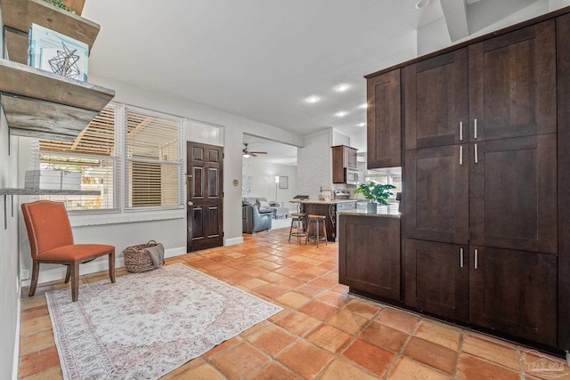 kitchen featuring ceiling fan and dark brown cabinetry