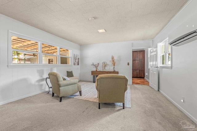 living room featuring crown molding and light carpet