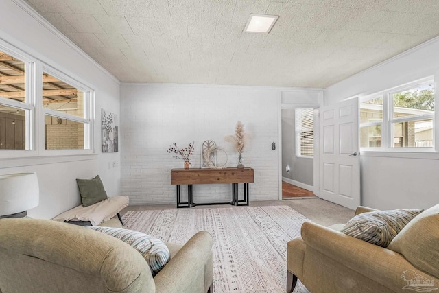 living room with crown molding and light colored carpet