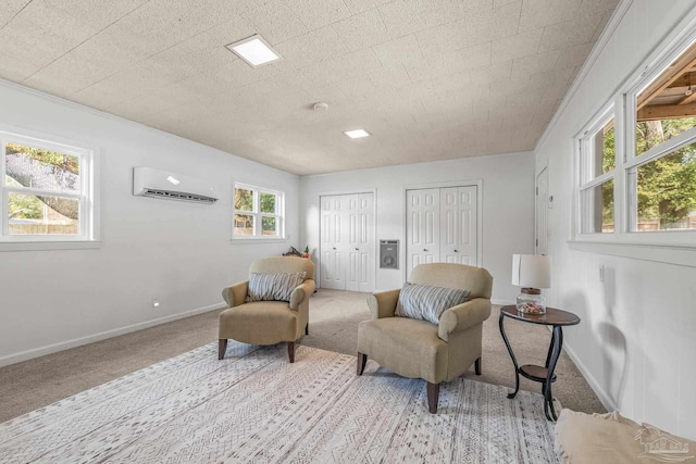 sitting room with light colored carpet and a wall unit AC