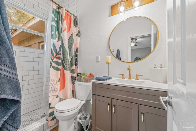 bathroom featuring vanity, toilet, and a shower with shower curtain