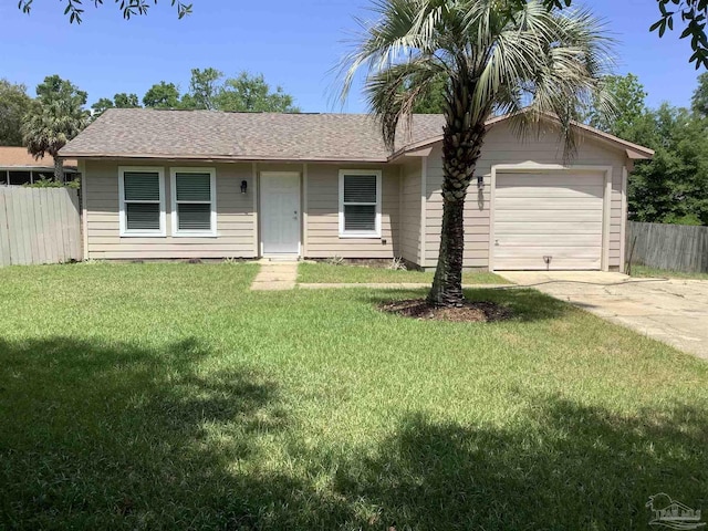 ranch-style home featuring fence, an attached garage, concrete driveway, roof with shingles, and a front lawn
