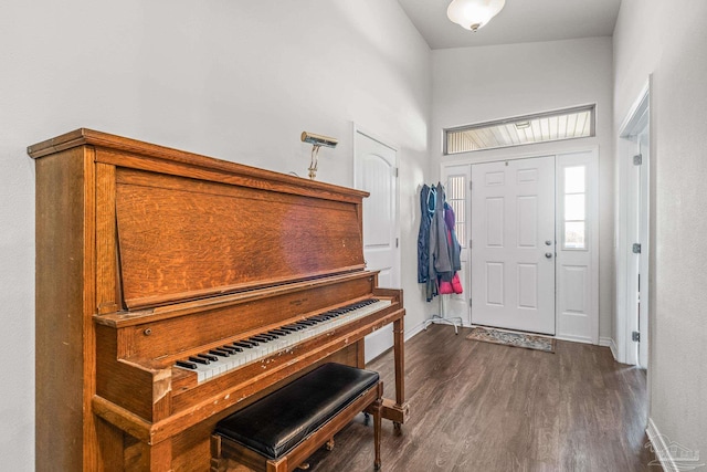 foyer entrance with high vaulted ceiling and dark wood-type flooring