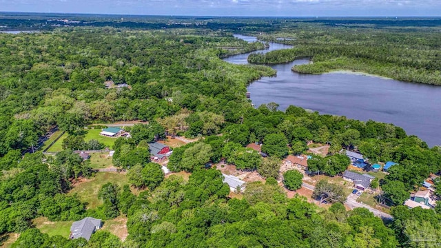drone / aerial view with a water view and a view of trees