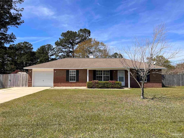 ranch-style house with a garage and a front lawn