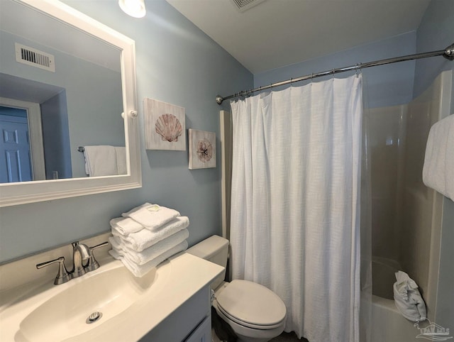 full bath with toilet, shower / bath combo, visible vents, and vanity