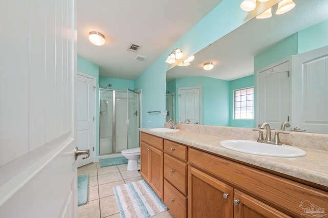 bathroom featuring double vanity, visible vents, tile patterned flooring, a shower stall, and a sink