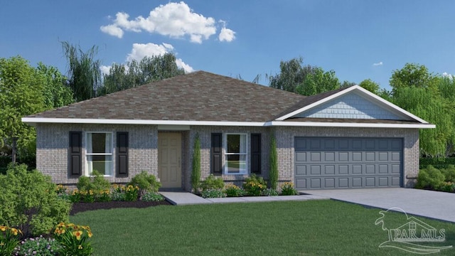 single story home featuring a garage, driveway, a front lawn, and brick siding