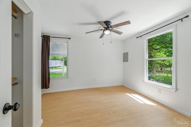 spare room featuring plenty of natural light, light wood finished floors, and ceiling fan