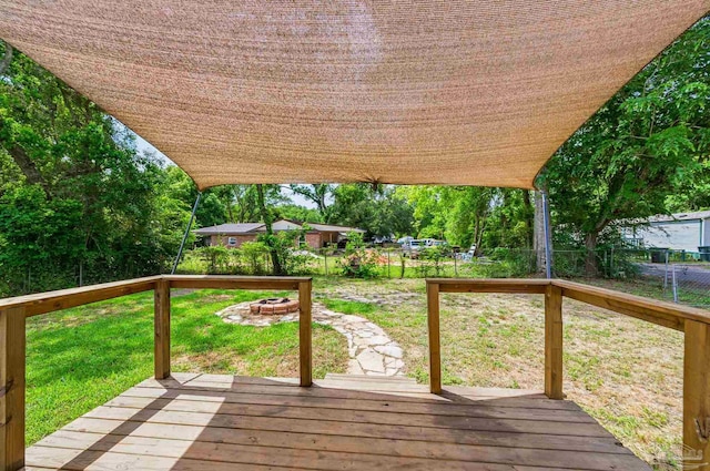 wooden terrace with a fenced backyard and a lawn