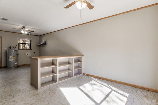 empty room with water heater, crown molding, a textured ceiling, and ceiling fan