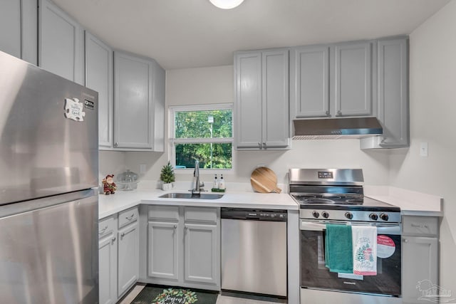 kitchen with gray cabinets, sink, and stainless steel appliances