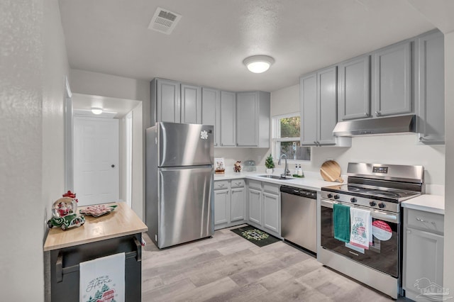 kitchen featuring gray cabinets, sink, light hardwood / wood-style flooring, and appliances with stainless steel finishes