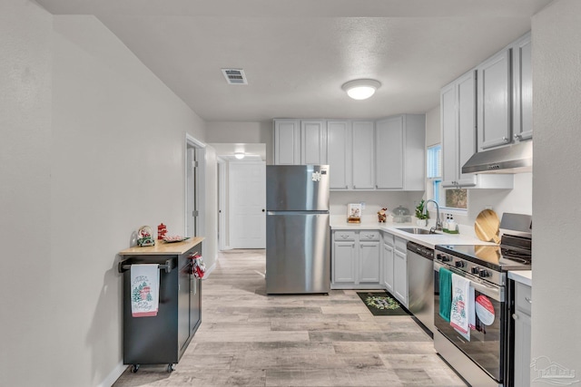 kitchen with sink, light wood-type flooring, and appliances with stainless steel finishes