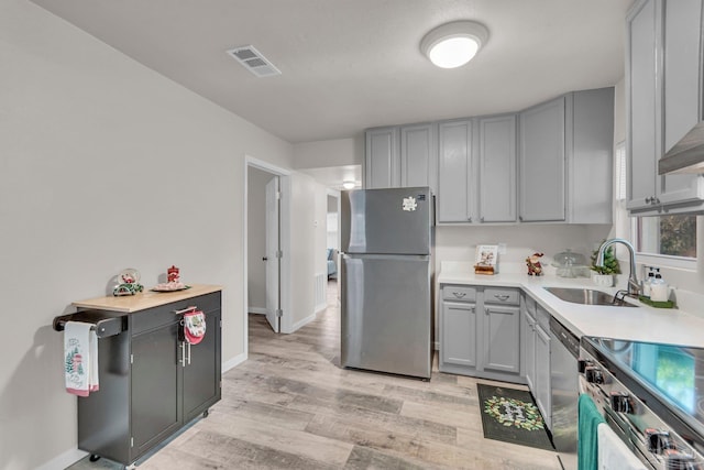 kitchen with appliances with stainless steel finishes, light hardwood / wood-style floors, gray cabinets, and sink