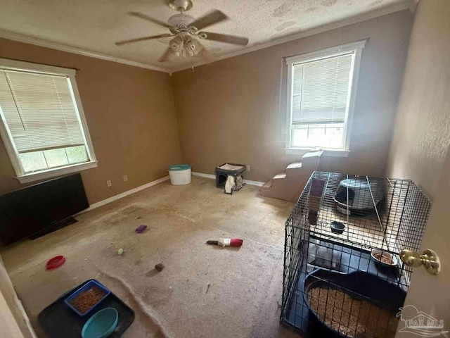 carpeted spare room with ornamental molding, a ceiling fan, and baseboards