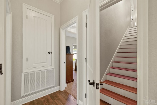 stairway featuring hardwood / wood-style floors