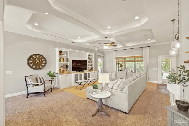 carpeted living room with coffered ceiling, ceiling fan with notable chandelier, crown molding, and beam ceiling