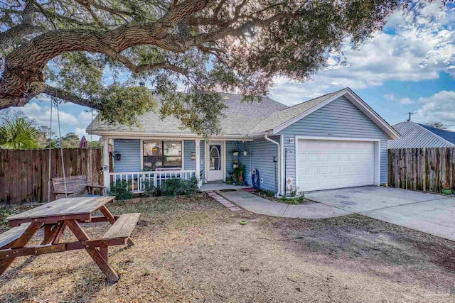 ranch-style home with covered porch and a garage