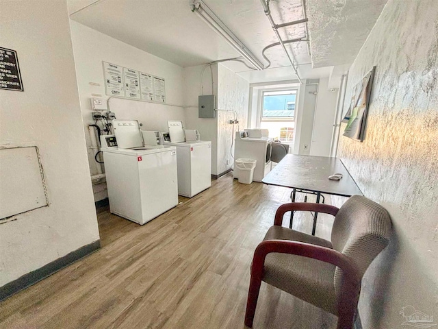 laundry room with electric panel, light hardwood / wood-style flooring, and washing machine and dryer