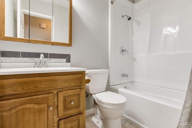 full bathroom featuring vanity, backsplash, shower / bathtub combination, tile patterned floors, and toilet