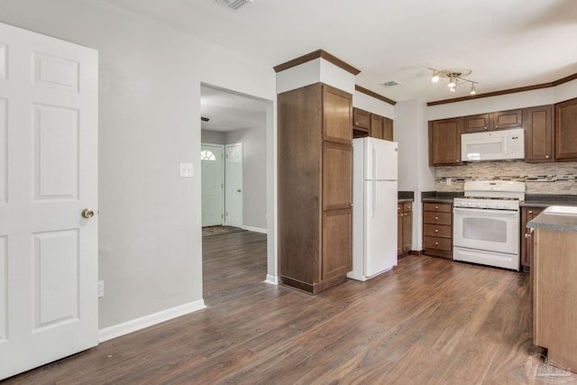 kitchen featuring white appliances, crown molding, dark wood-type flooring, and tasteful backsplash