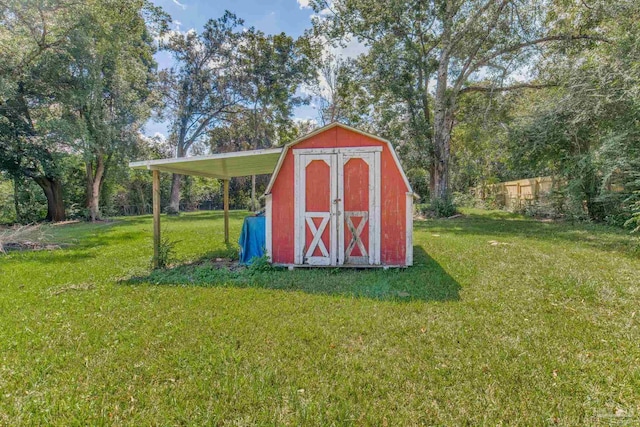 view of outbuilding featuring a lawn