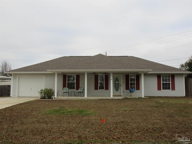 ranch-style house with a porch and a garage