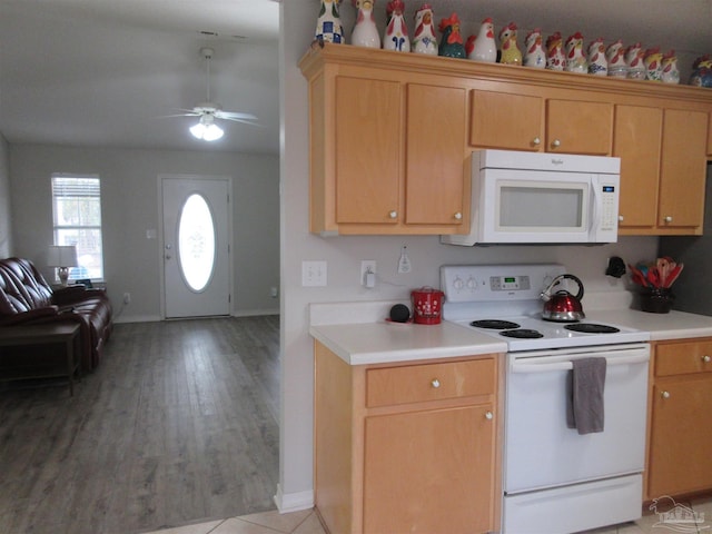 kitchen with ceiling fan, white appliances, and light hardwood / wood-style flooring