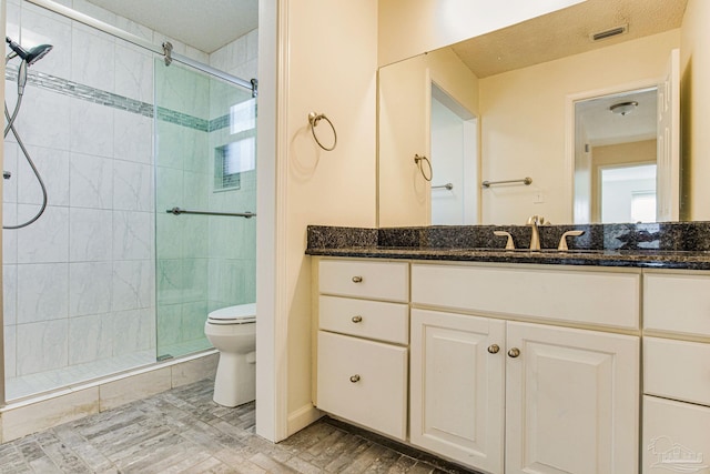 bathroom with toilet, vanity, and walk in shower