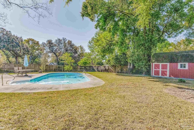 view of swimming pool with a patio area, a shed, and a yard