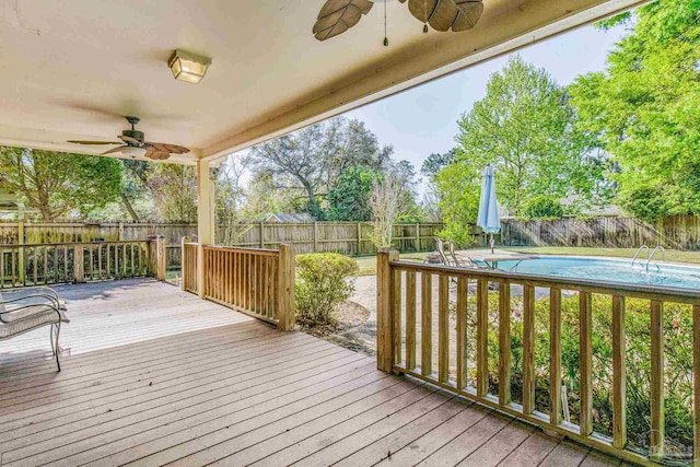 deck featuring a fenced in pool and ceiling fan