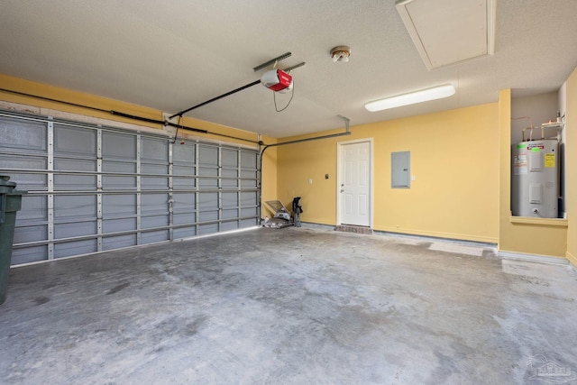 garage featuring a garage door opener, electric panel, electric water heater, and baseboards