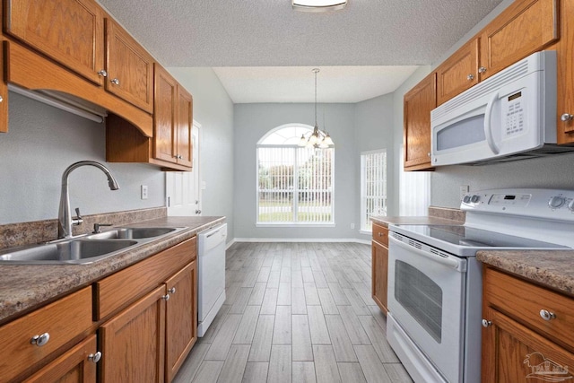 kitchen with white appliances, brown cabinets, wood finished floors, a textured ceiling, and a sink