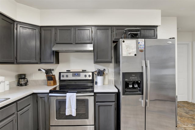 kitchen with stainless steel appliances and gray cabinets