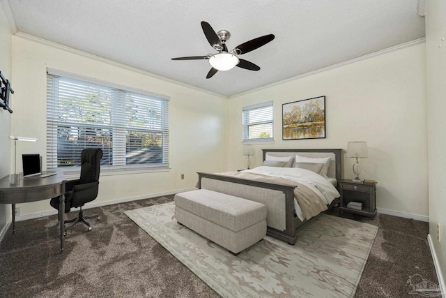 carpeted bedroom with ceiling fan, ornamental molding, a textured ceiling, and multiple windows