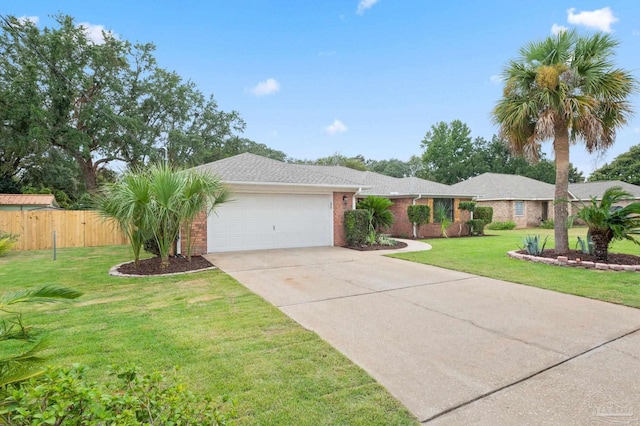 ranch-style home featuring a garage and a front lawn