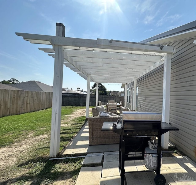 view of patio / terrace with a fenced backyard, outdoor lounge area, grilling area, and a pergola