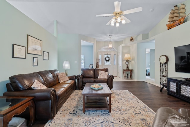 10738 Magnolia Ln, Lillian, AL 36549 - living area featuring a ceiling fan, wood finished floors, and baseboards