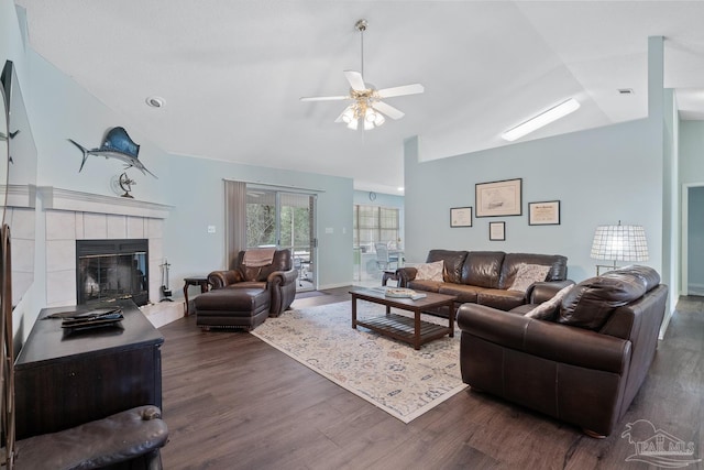 10738 Magnolia Ln, Lillian, AL 36549 - living area featuring a ceiling fan, dark wood-type flooring, visible vents, and a fireplace