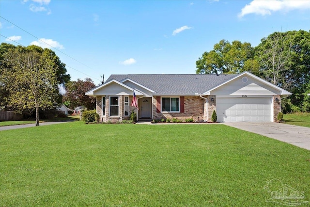 ranch-style home featuring roof with shingles, driveway, a front lawn, brick siding, and a garage