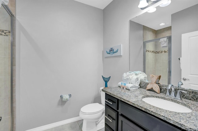 bathroom featuring a shower with door, vanity, toilet, and tile patterned flooring